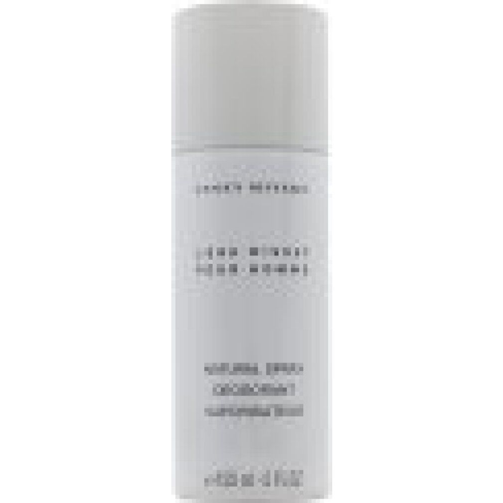 Deodorant-Spray von Issey Miyake. Weißer Behälter mit schwarzer Schrift. Produktname und Beschreibung.