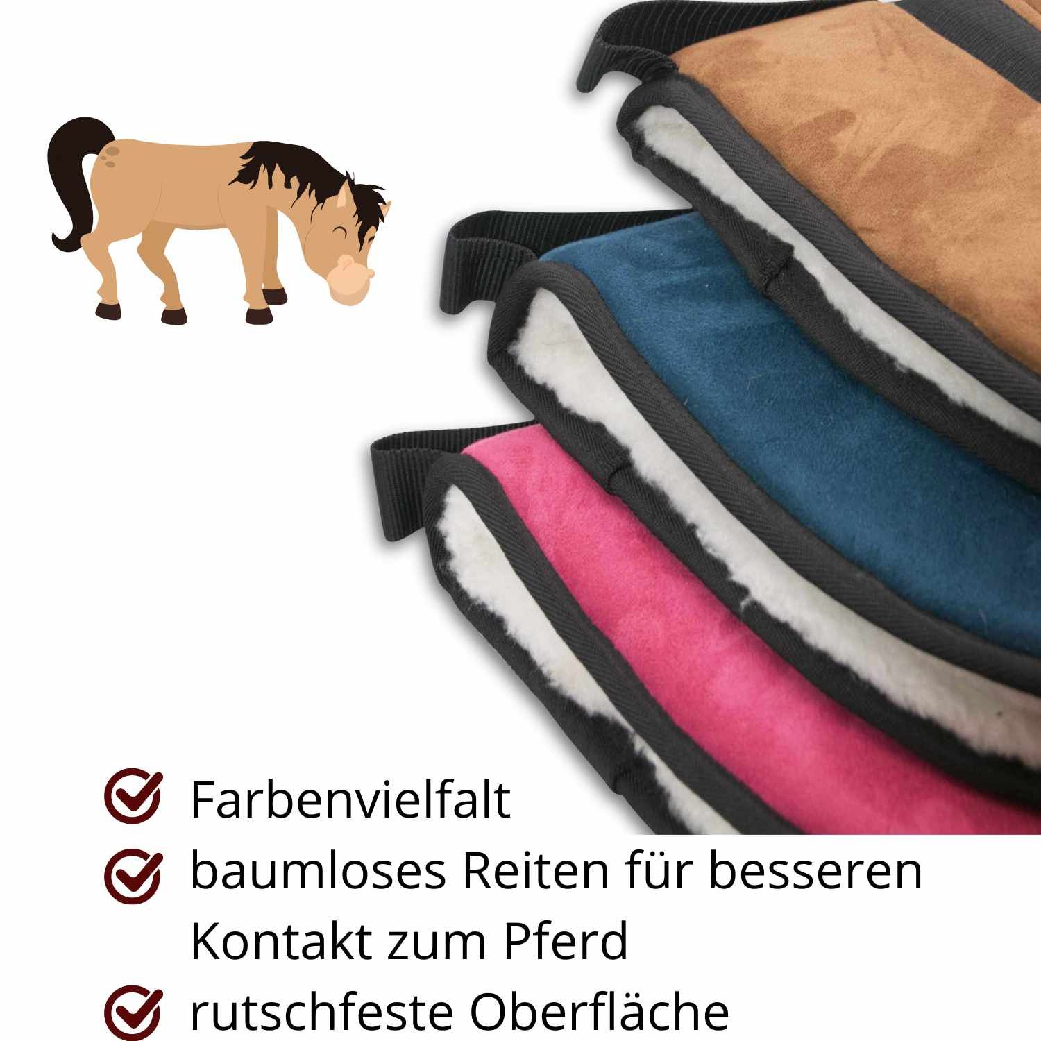 Drei Bareback-Pads in Blau, Braun und Pink. Text: Farbenvielfalt, baumlose Reiten, rutschfeste Oberfläche. Pferd-Illustration.