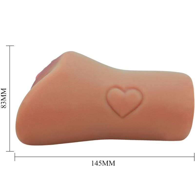 Masturbationsgerät, Seitenansicht mit Maßen. Herzförmige Prägung. 83mm hoch, 145mm lang.