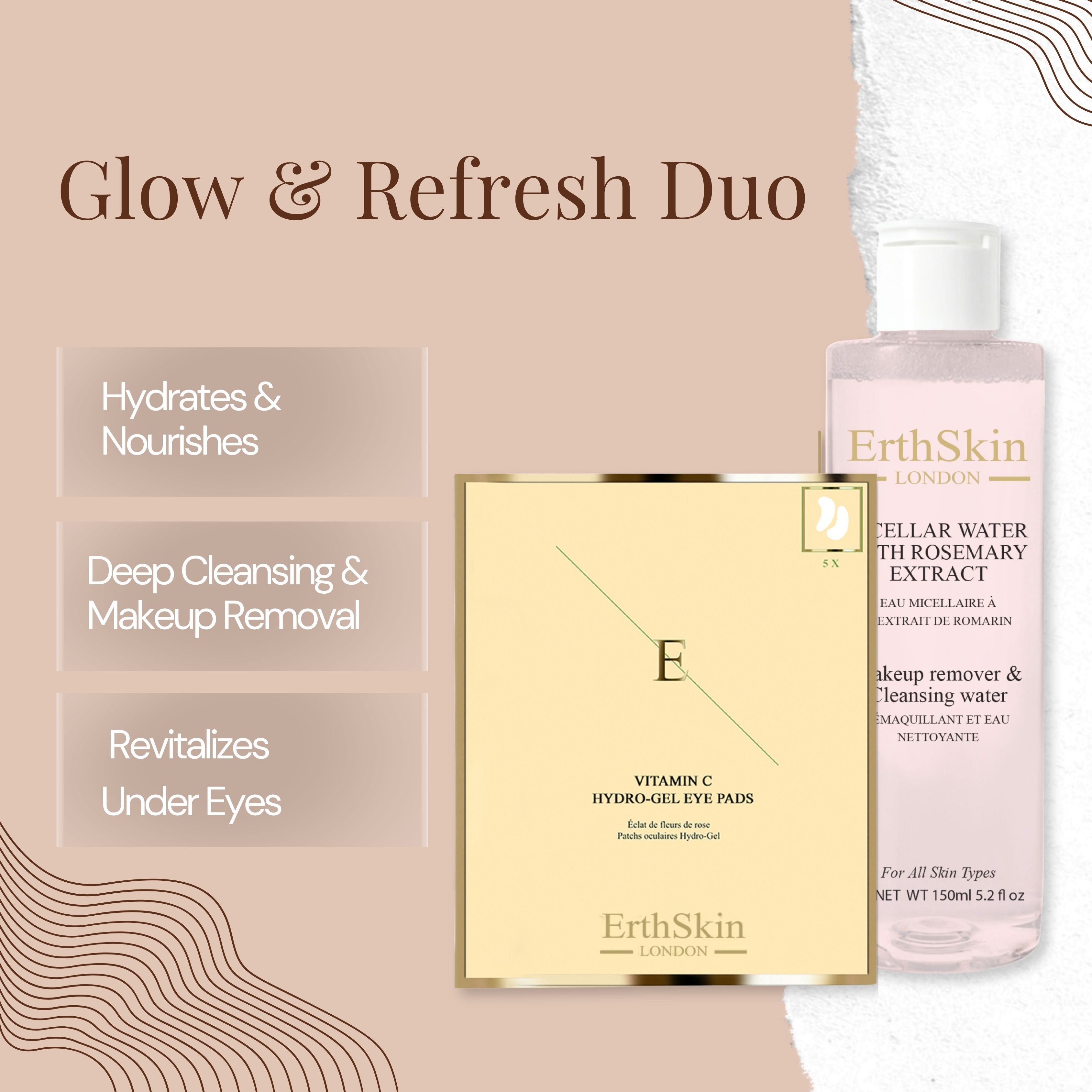 ErthSkin London Augenpads und Mizellenwasser. Pads in goldener Verpackung, Flasche mit rosa Flüssigkeit und weißem Deckel.