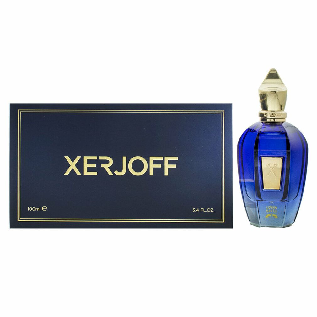 Blaues Xerjoff Comandante Eau de Parfum mit goldener Kappe und Verpackung. Auf der Verpackung steht Xerjoff.