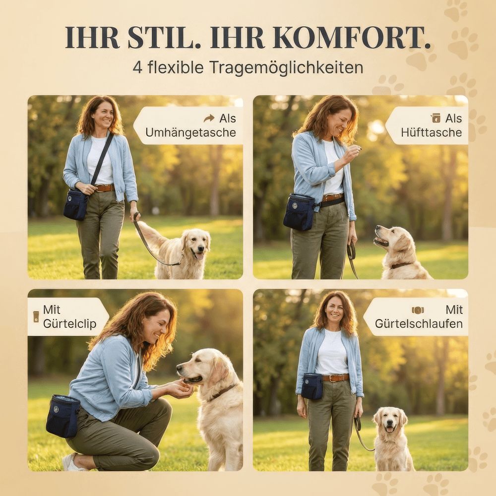 Vier Bilder zeigen den Futterbeutel als Umhänge-, Hüft-, Gürtelclip- und Gürtelschlaufentasche.