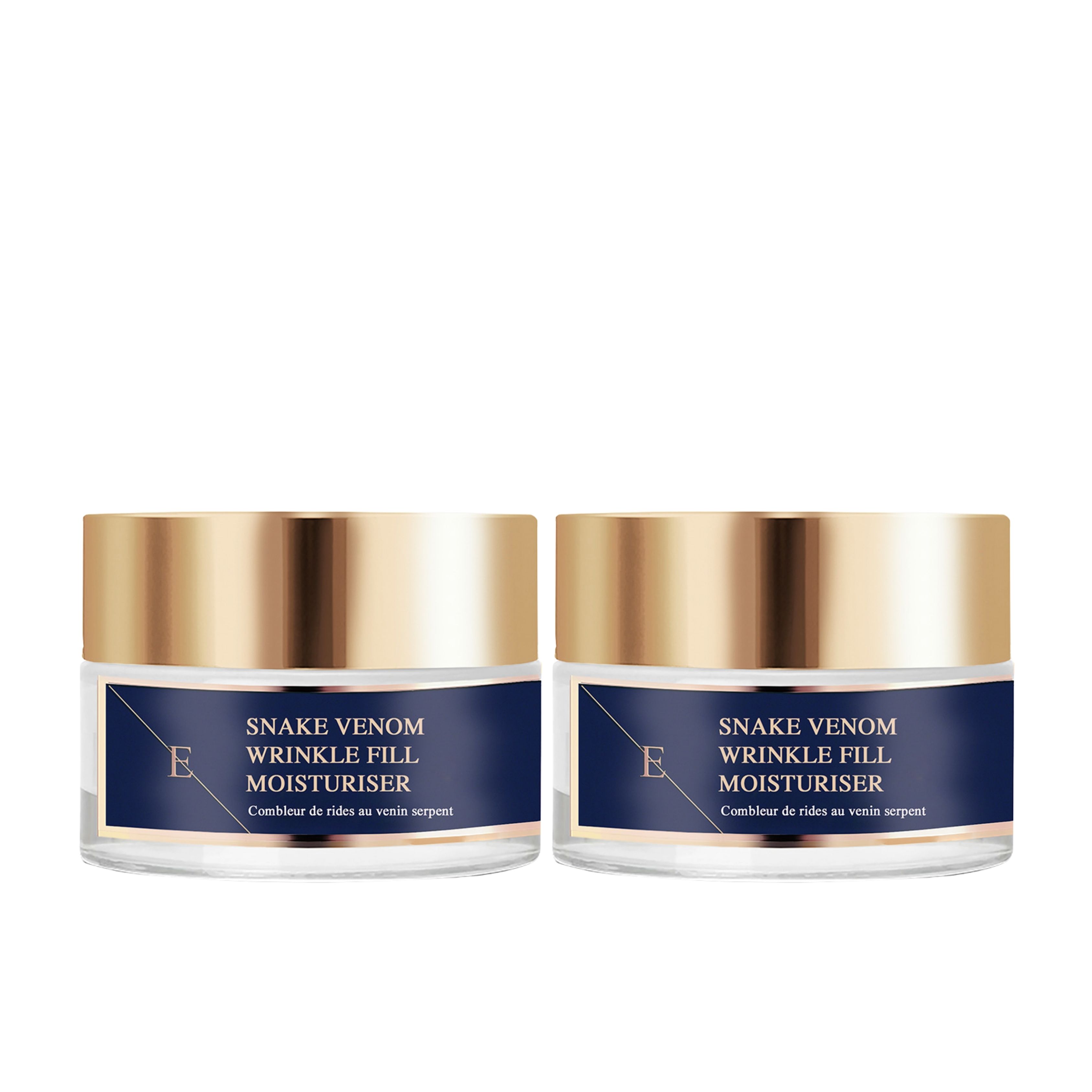 Zwei Tiegel mit goldfarbenen Deckeln und blauen Etiketten. Text: Snake Venom Wrinkle Fill Moisturiser.