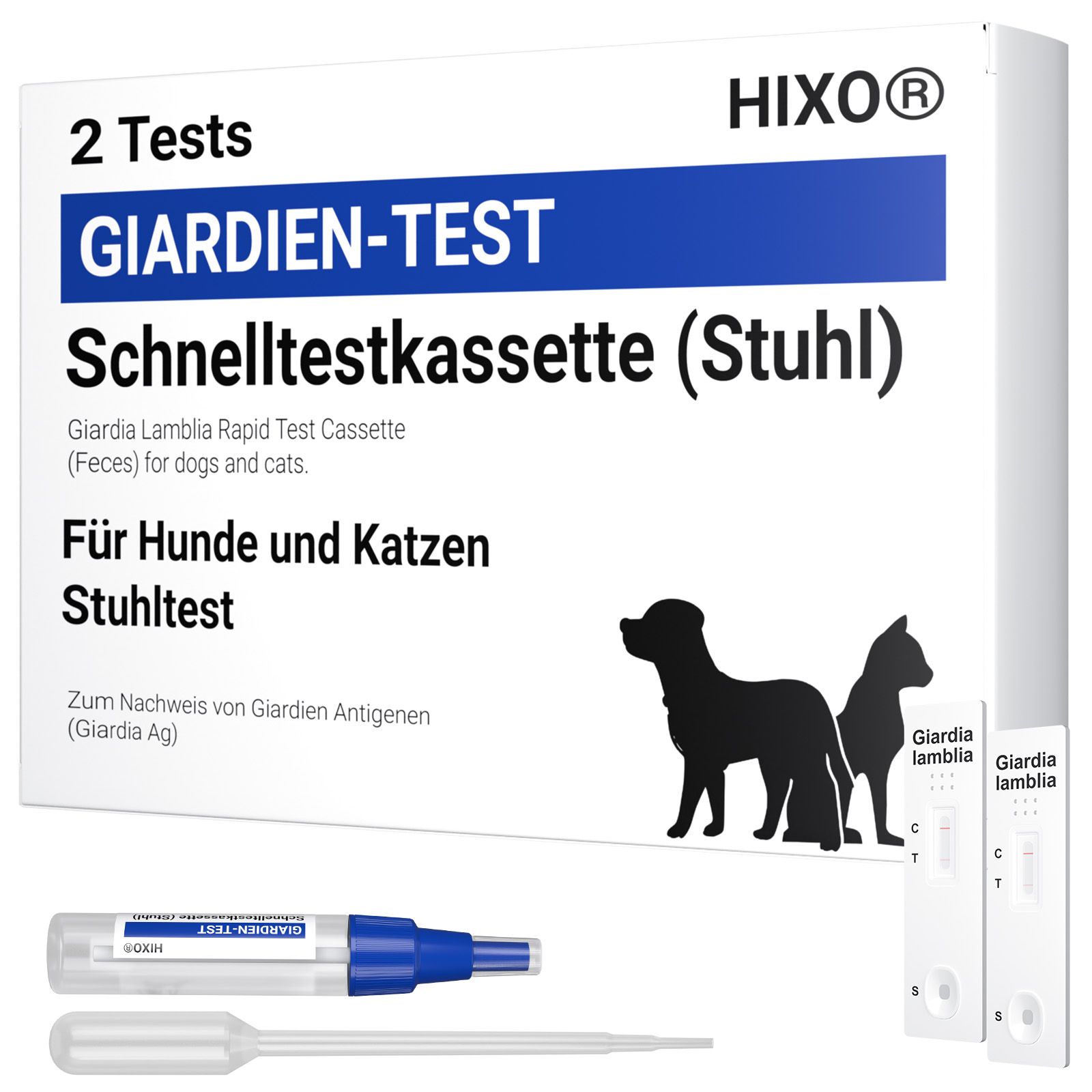 Testkit für Hunde und Katzen. Enthält Testkassette, Pipette und Probenröhrchen. Verpackung mit Produktnamen und Logo.