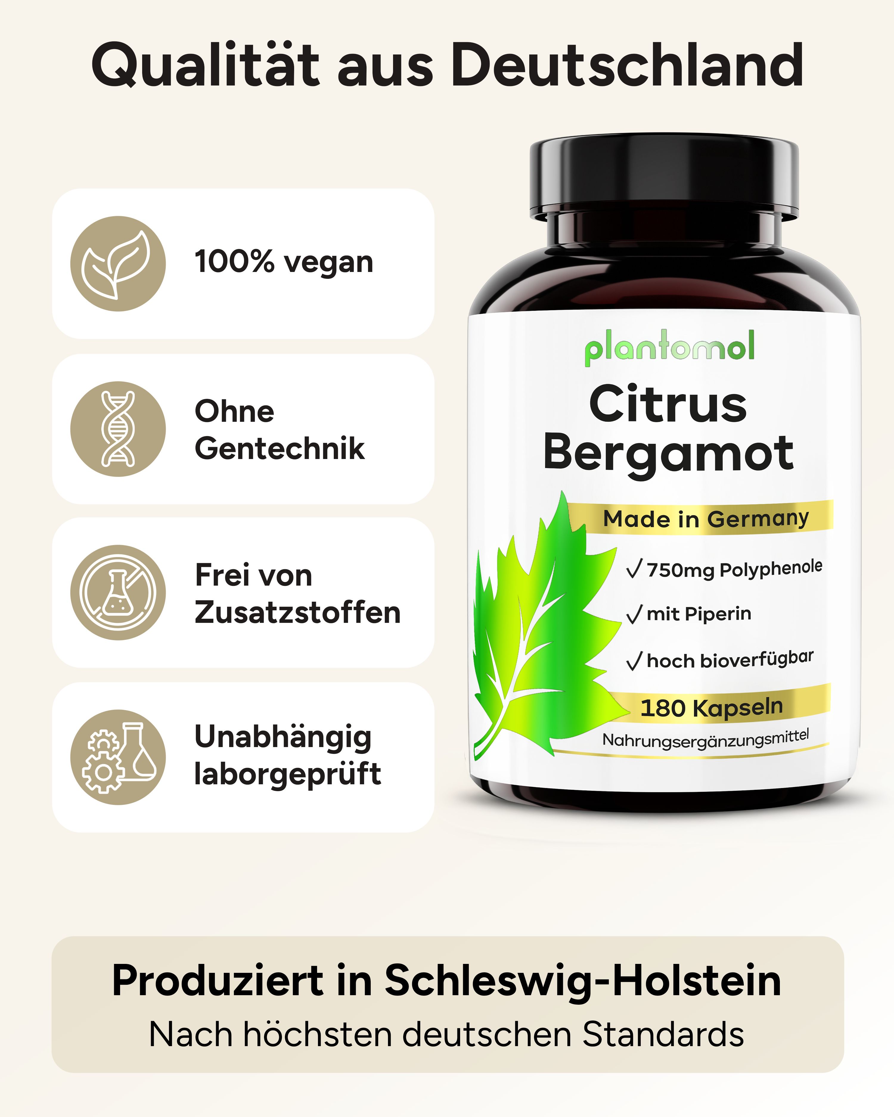 Produktflasche mit Etikett. 100% vegan, ohne Gentechnik, ohne Zusatzstoffe. Hergestellt in Deutschland. 180 Kapseln.