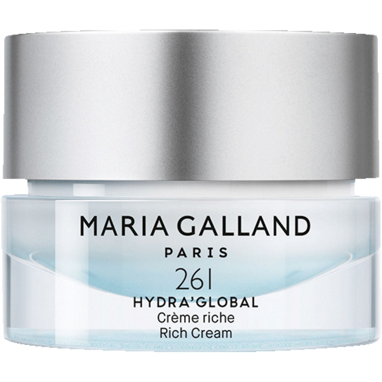 Maria Galland 261 HYDRA'GLOBAL Rich Cream. Creme-Tiegel mit silbernem Deckel. Schwarze Schrift auf blauem Hintergrund.