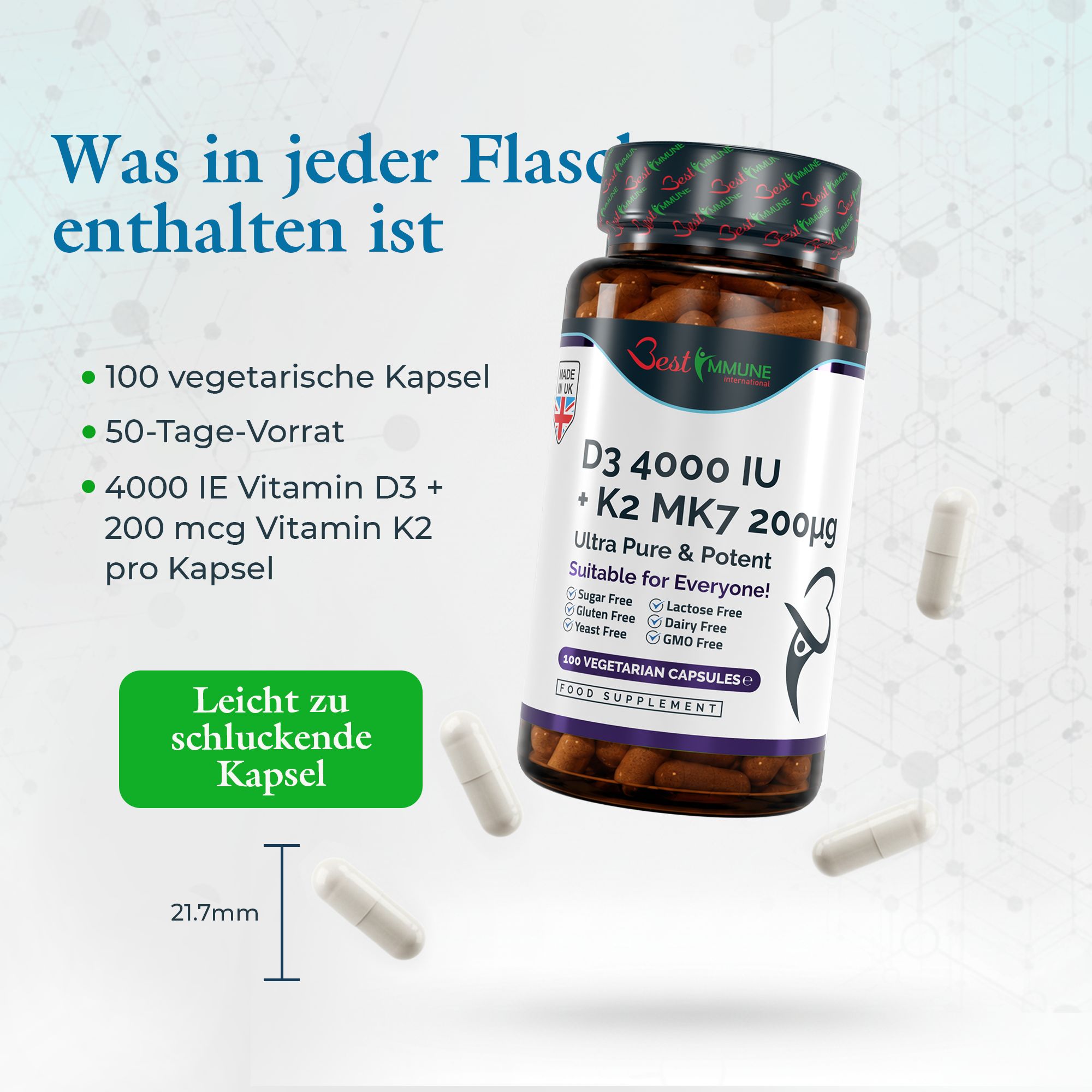 Flasche mit 100 vegetarischen Kapseln Vitamin D3 + K2. Kapselgröße 21,7mm.