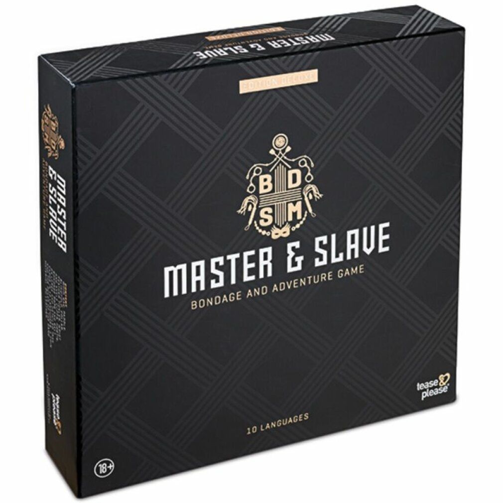 Schwarze Box mit goldfarbenem Schriftzug "MASTER & SLAVE". Enthält 10 Sprachen. Marke: Tease&please.