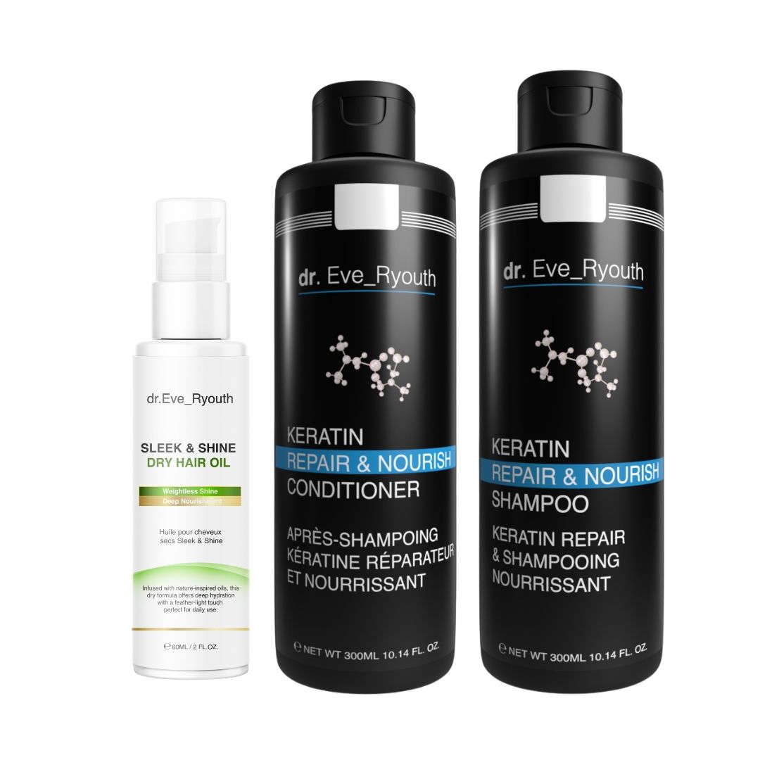 Set aus Shampoo, Spülung und Haaröl. Schwarze Flaschen mit weißer Schrift. Aufschrift: dr. Eve_Ryouth, Keratin Repair & Nourish.