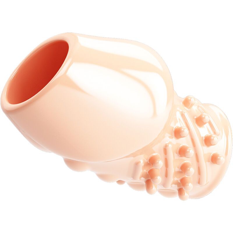 Fleischfarbene, zylindrische Hülle mit texturierter Oberfläche. Oben abgeschrägt, unten mit Noppen und Rippen.