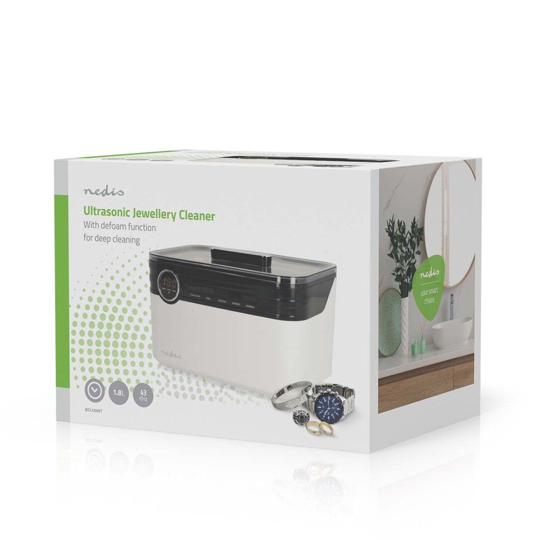 Verpackung des Ultraschall-Schmuckreinigers. Aufschrift: Nedis Ultraschall Jewellery Cleaner. Produktabbildung.