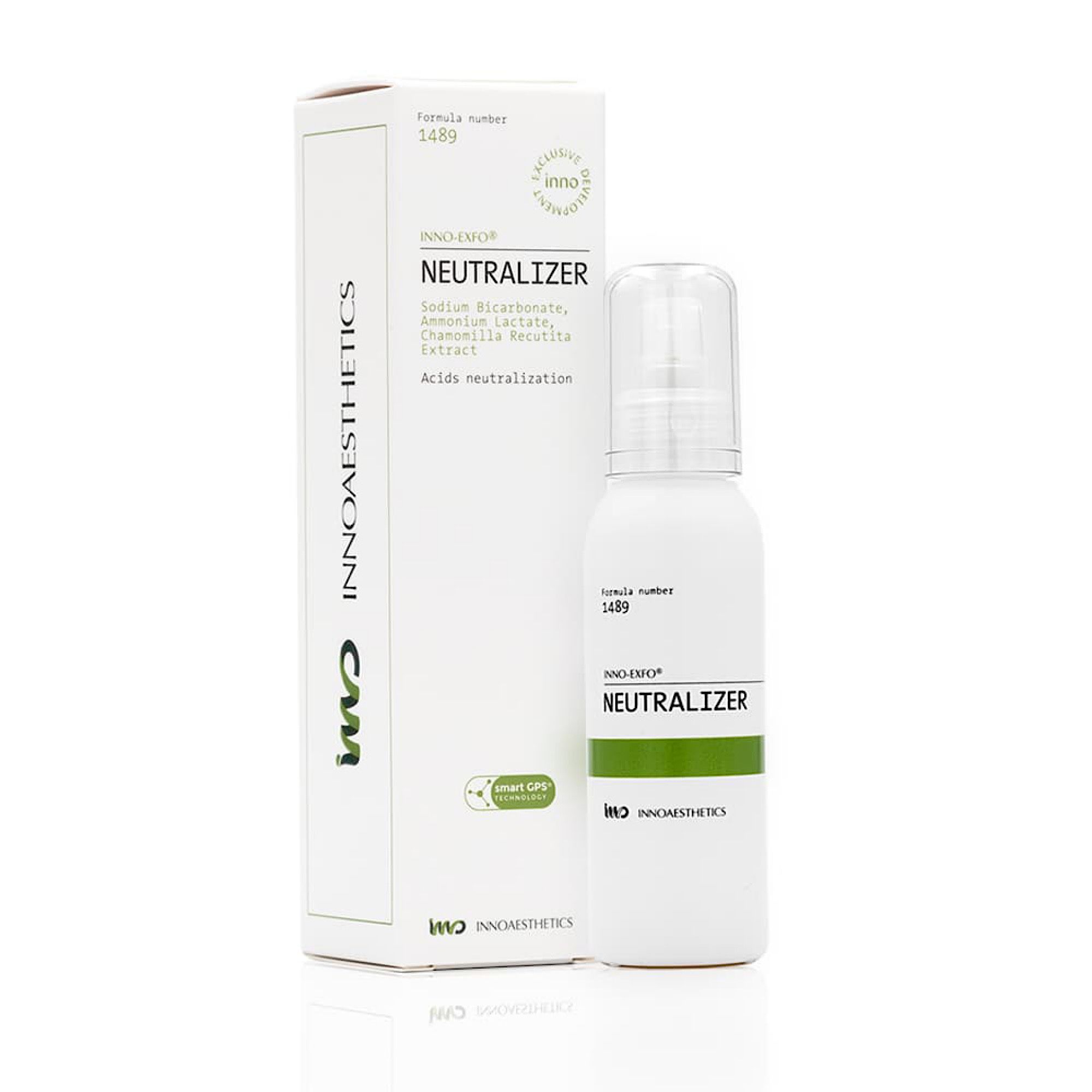 Weiße Flasche und Karton. Aufschrift: Neutralizer. Marke: Innoaesthetics. Mit grünen Akzenten.