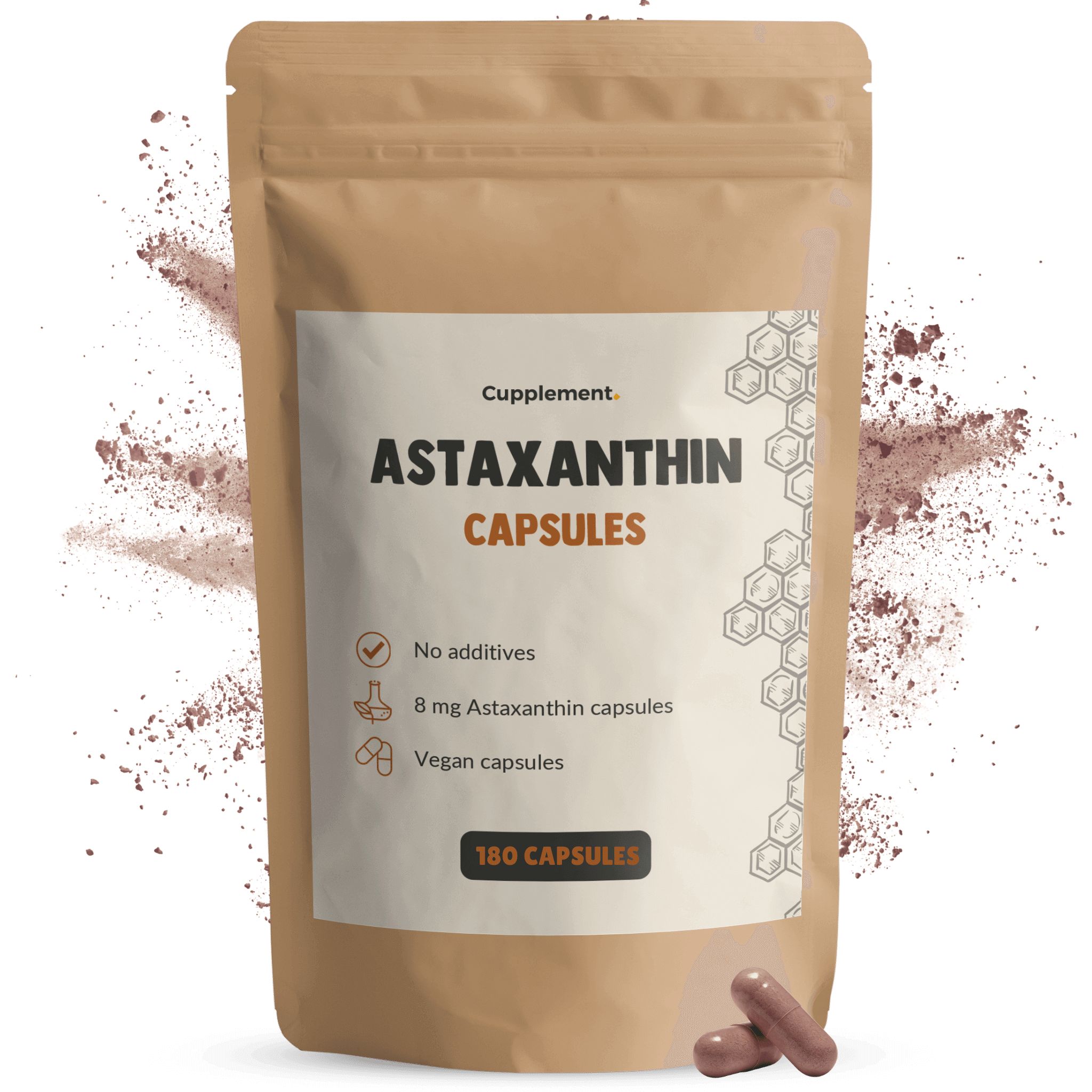Braune Beutelverpackung mit Astaxanthin Kapseln. 180 Kapseln. Vegan. 8 mg Astaxanthin. Keine Zusatzstoffe.