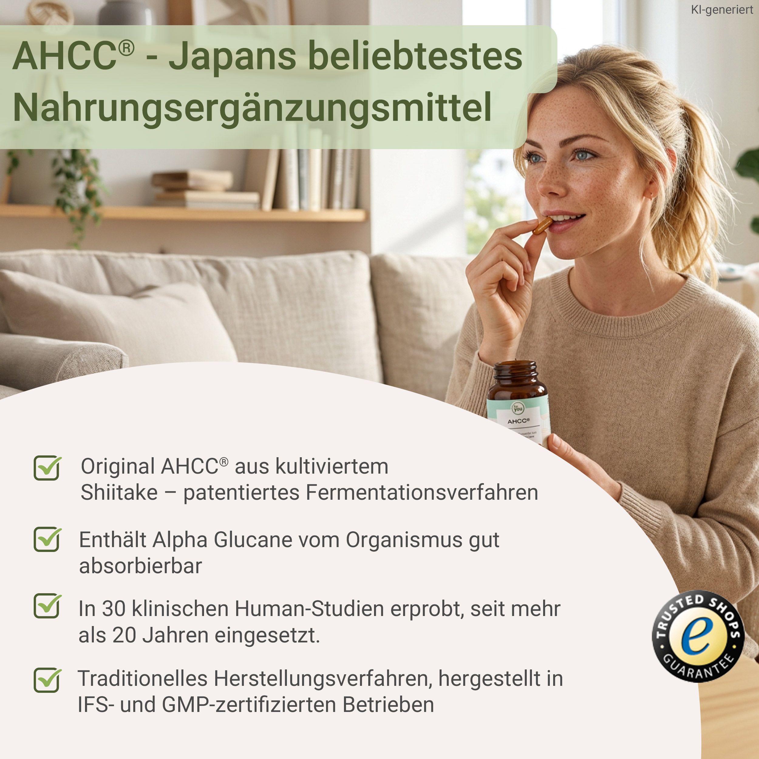Frau nimmt eine AHCC® Kapsel, daneben steht eine Flasche des Nahrungsergänzungsmittels.