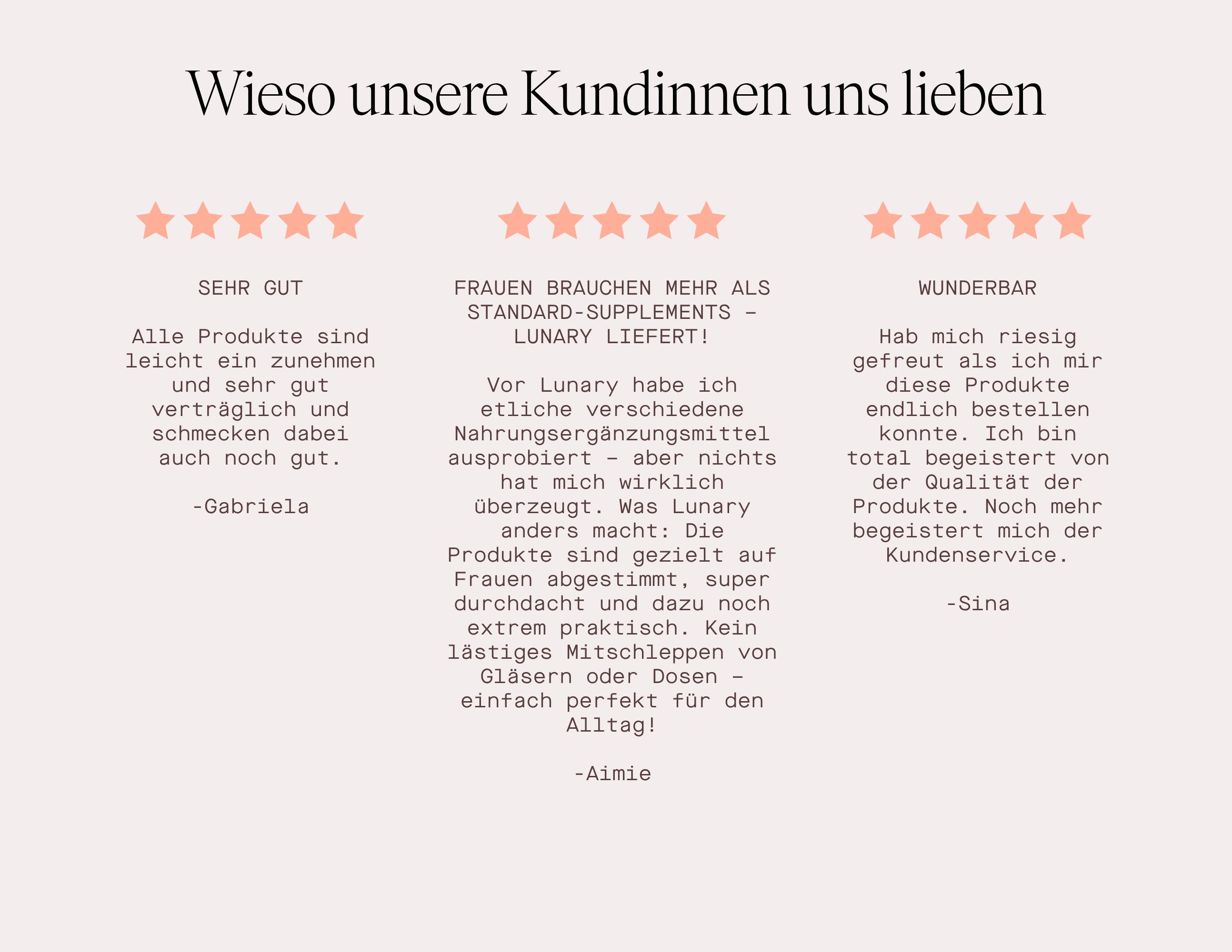 Text: Wieso unsere Kundinnen uns lieben. Zitate von Kunden. Sehr gut, wunderbar. LUNARY liefert!
