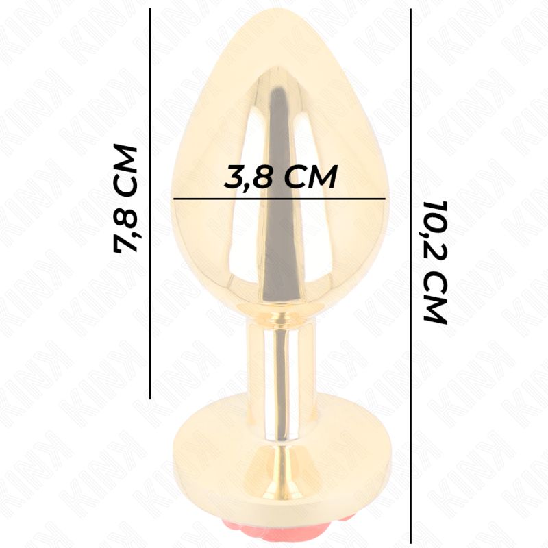 Goldener Analplug mit roter Rose, Maße: 10,2 cm Länge, 3,8 cm Breite.