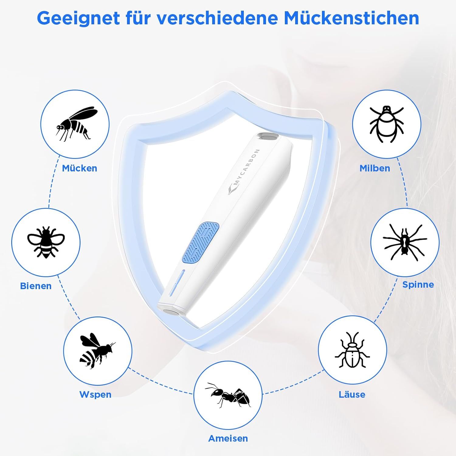 Weißer Insektenstichheiler umgeben von Illustrationen verschiedener Insekten. Text: Geeignet für verschiedene Mückenstiche.