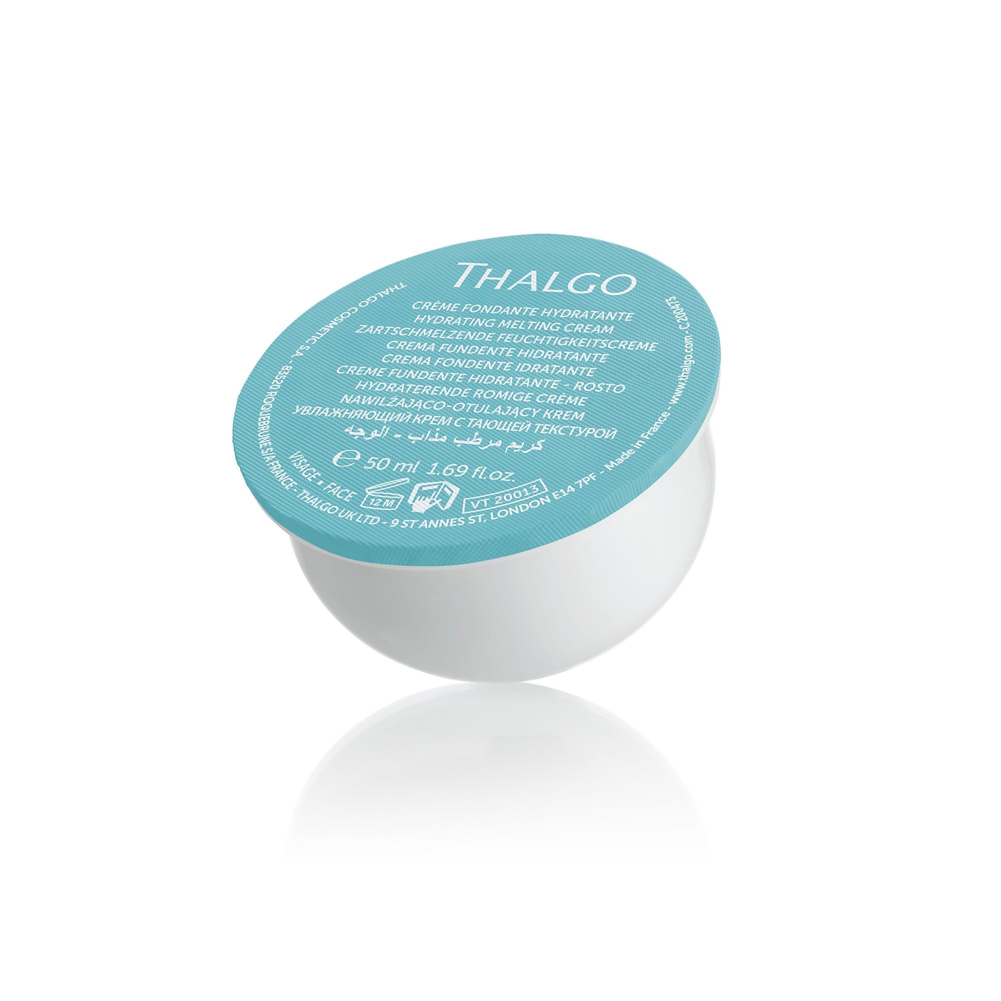 Runde, weiße Creme-Verpackung mit blauem Deckel. Aufschrift: THALGO, Hydrating Melting Cream. Text in mehreren Sprachen. 50 ml.