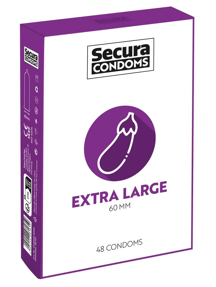 Secura Kondom-Verpackung. Aufdruck: Extra Large, 60 mm, 48 Kondome. Lila Aubergine-Symbol.