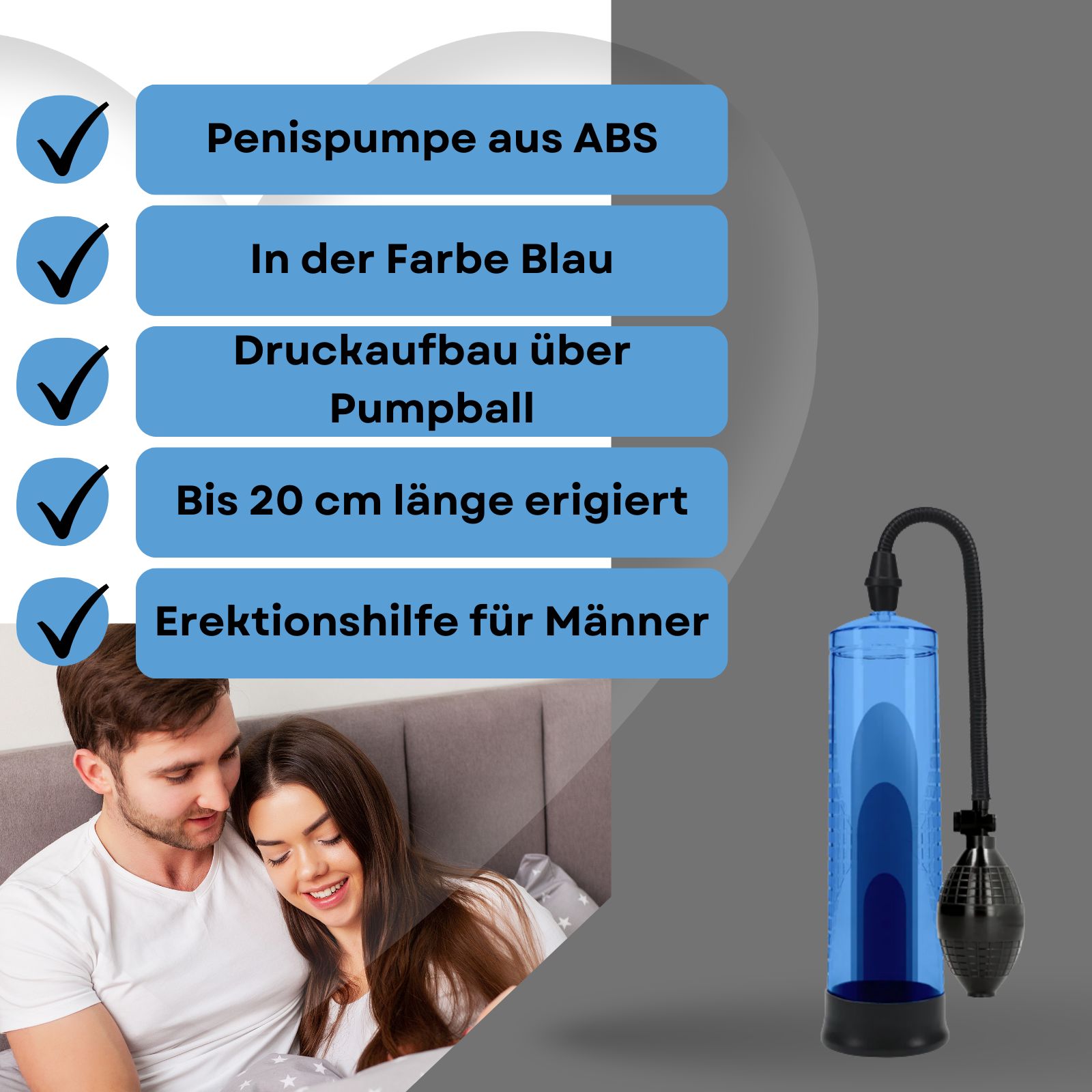Paar, blaue Pumpe mit Pumpball. Text: 'Penisspumpe aus ABS' und weitere.