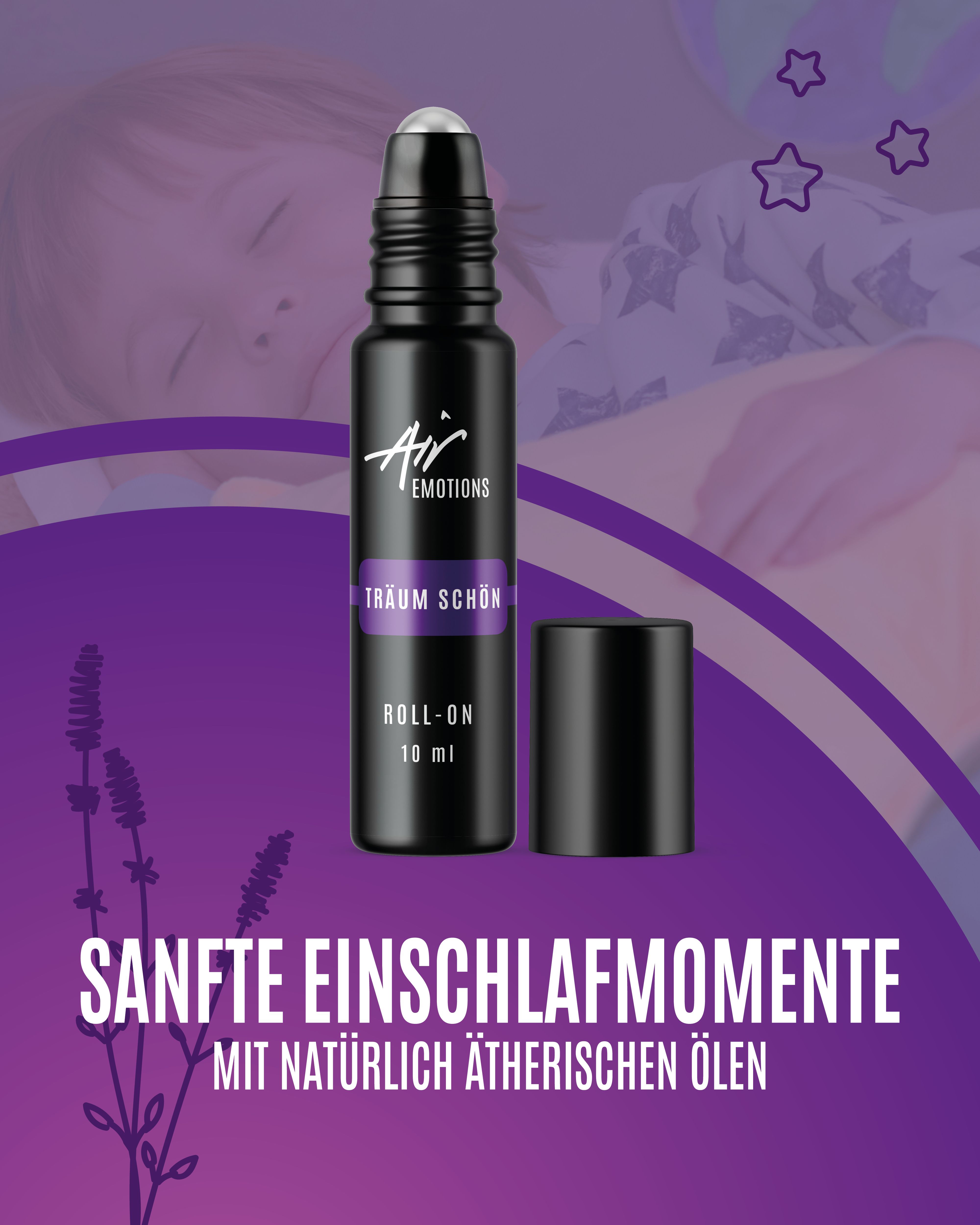 Schwarze Roll-On-Flasche mit Deckel. Aufschrift: Träum schön, Roll-On, 10 ml. Text: Sanfte Einschlafmomente mit natürlich ätherischen Ölen.