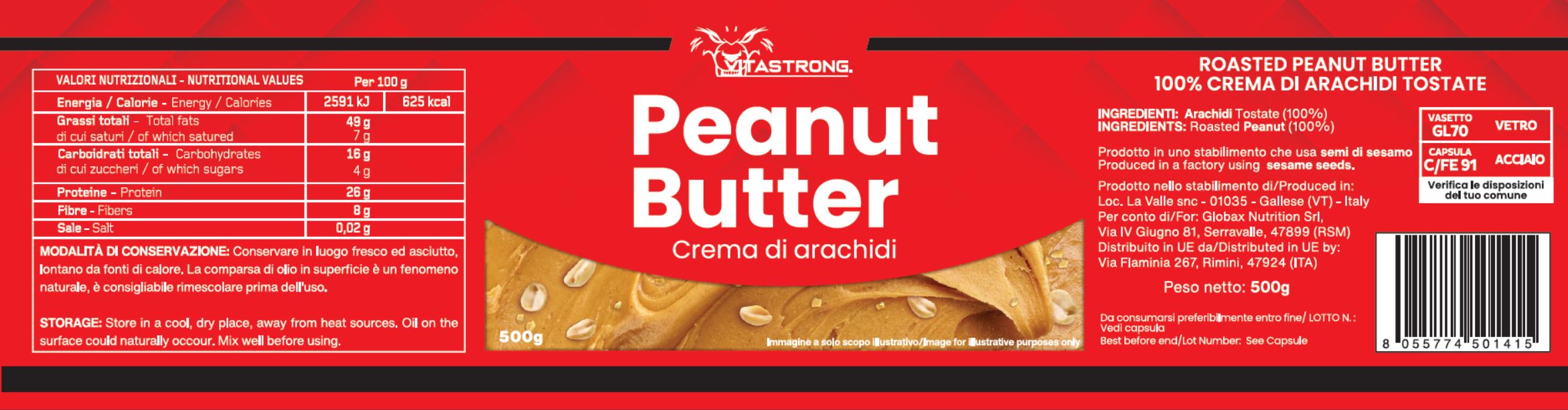 Roter Aufkleber mit weißer Schrift: Peanut Butter, Creme di arachidi. Text: Roasted Peanut Butter, 100% crema di arachidi tostate. Barcode.