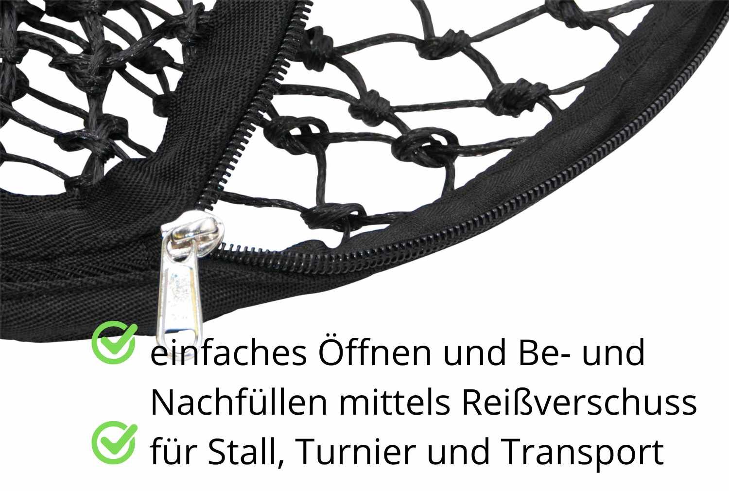 Nahaufnahme eines schwarzen Heutunnels mit Reißverschluss. Text: einfaches Öffnen und Befüllen.