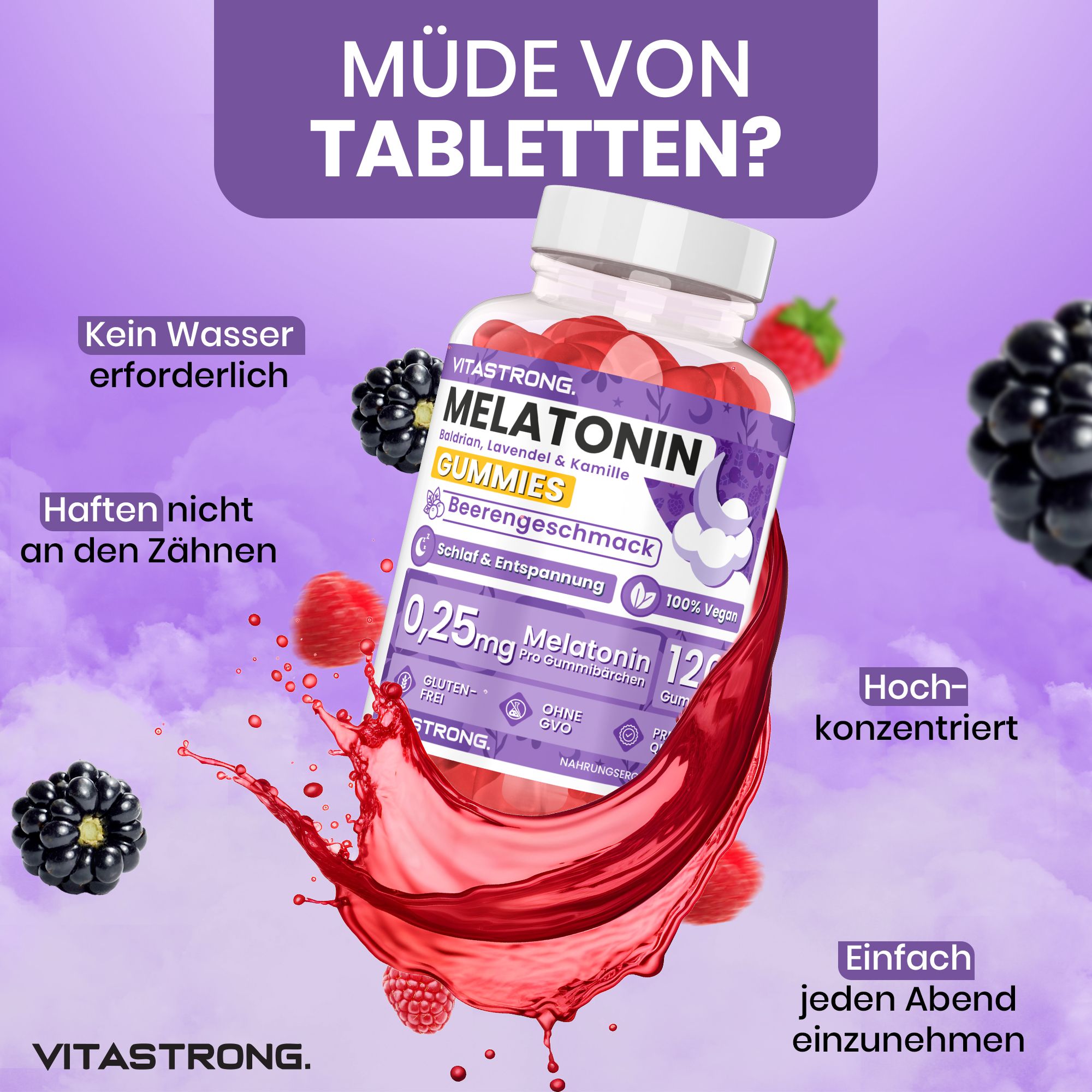 Vitastrong Melatonin Gummies. Flasche mit Gummibärchen. Text: Melatonin Gummies, 120 Stück, 0,25mg Melatonin. Beeren und Spritzer.