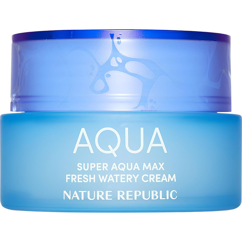 Blaues Cremetiegel mit Deckel. Aufschrift: AQUA, SUPER AQUA MAX FRESH WATERY CREAM, NATURE REPUBLIC.