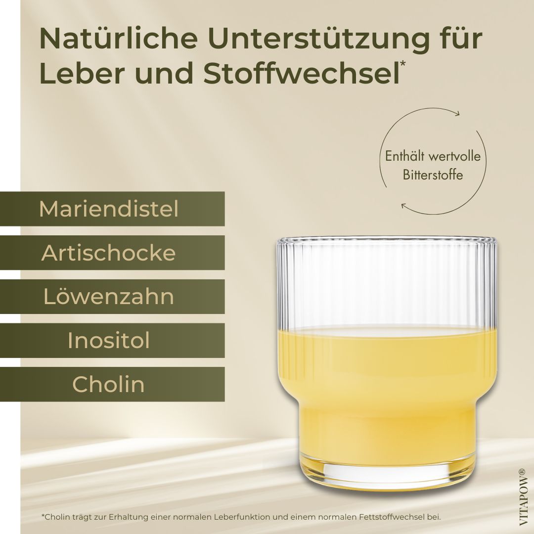 Glas mit Getränk. Text: Mariendistel, Artischocke, Löwenzahn, Inositol, Cholin. Enthält wertvolle Bitterstoffe. Vitapow Logo.