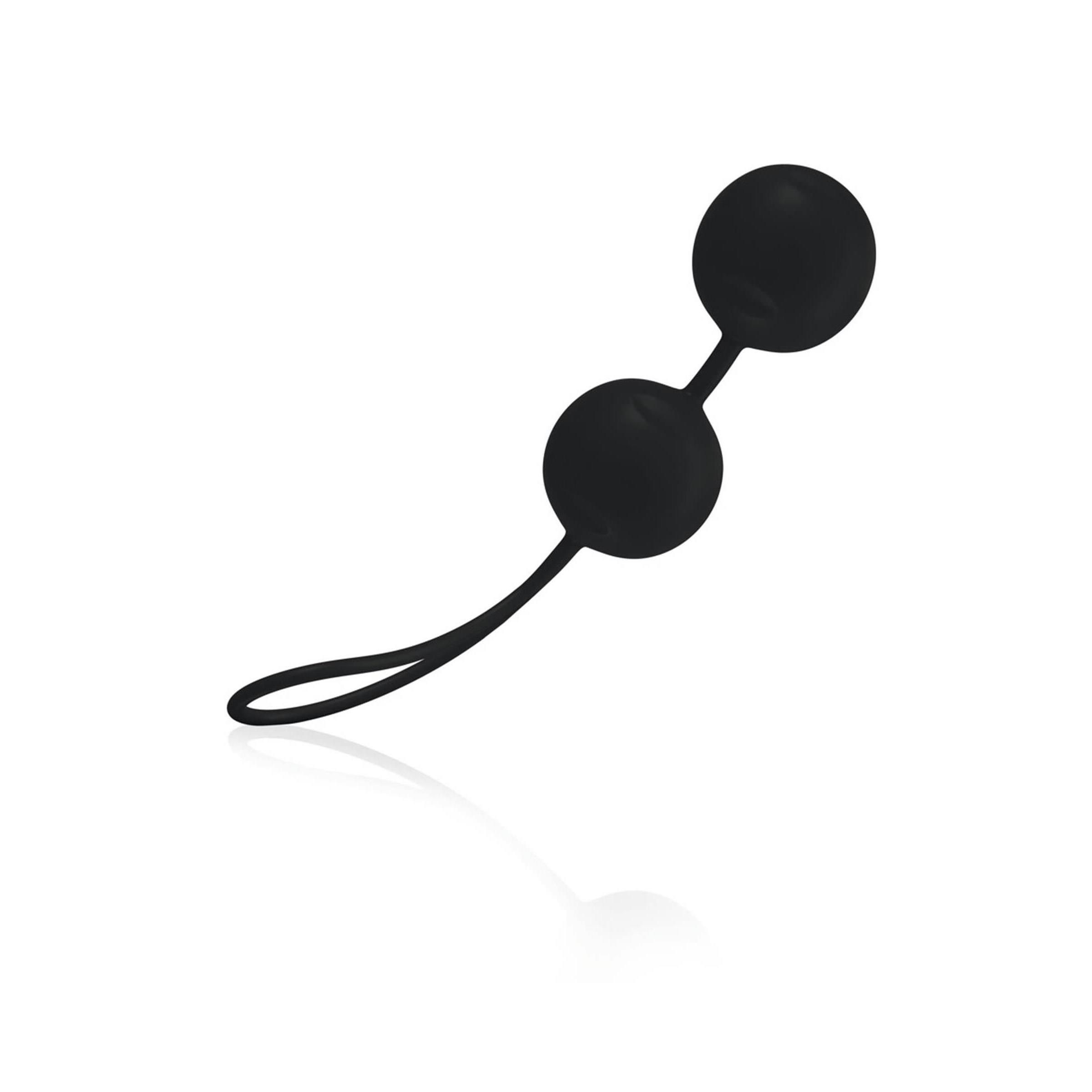 Schwarze Joyballs® Trend, zwei Kugeln mit Verbindungsstück und Schlaufe. Produktansicht von oben, auf hellem Hintergrund.