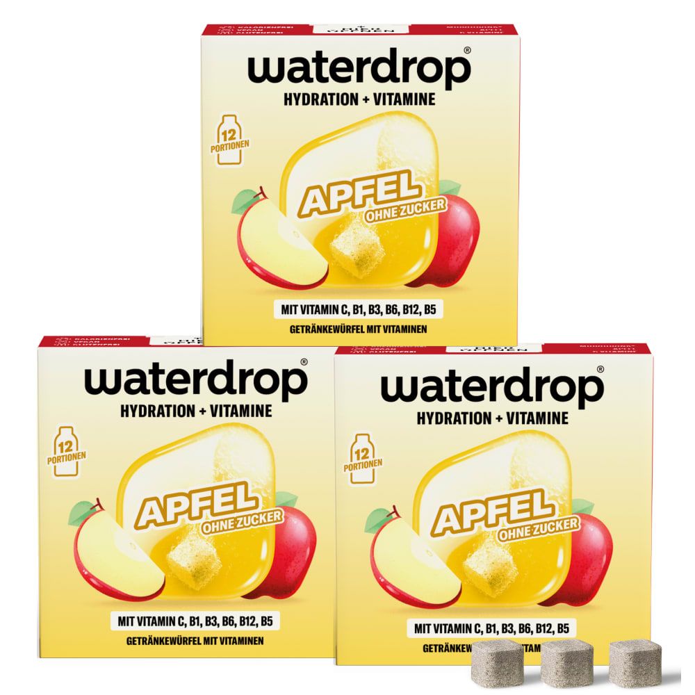 Drei Packungen waterdrop® Microdrink Apfel, jeweils mit 12 Portionswürfeln. Enthält Vitamine.