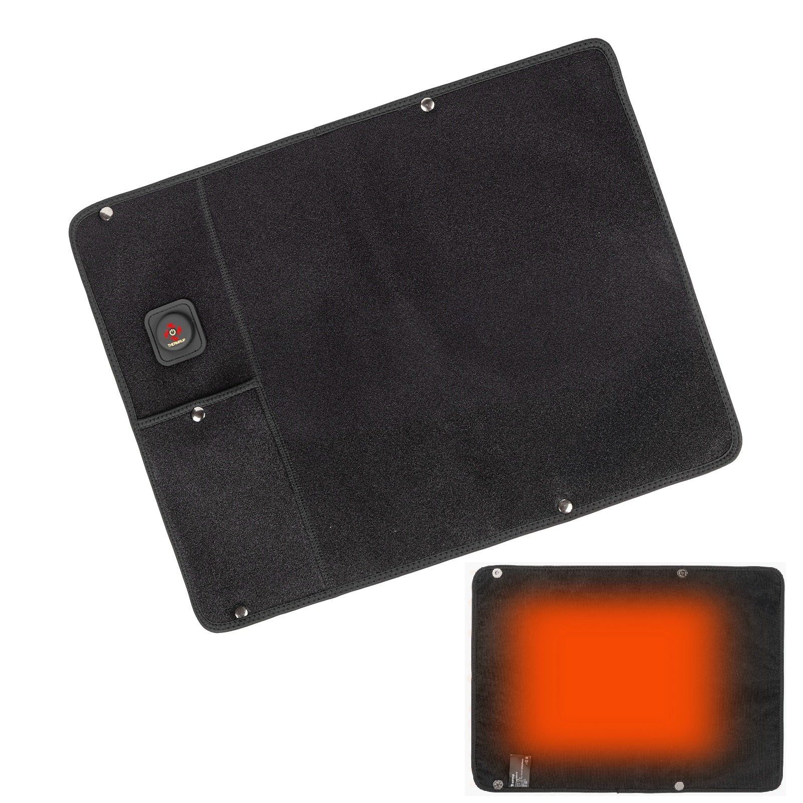 Schwarzes, rechteckiges Heizkissen mit Bedienfeld. Rotes Licht am Bedienfeld. Unteres Bild zeigt rotes Wärmegebiet.