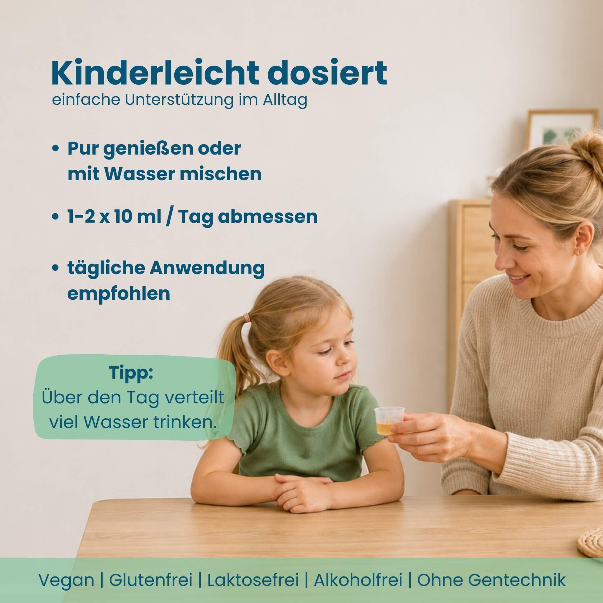Mutter gibt Kind Herby Family Oh-La-Lax Sirup, Anwendungshinweise.