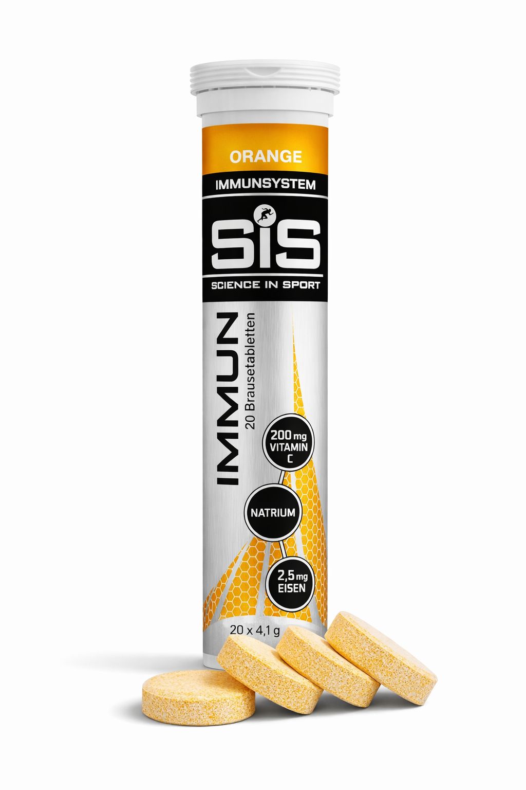 Orangefarbene Brausetabletten in einer Tube. Aufschrift: SIS IMMUNE, 20 Tabletten. Vier Tabletten liegen daneben.