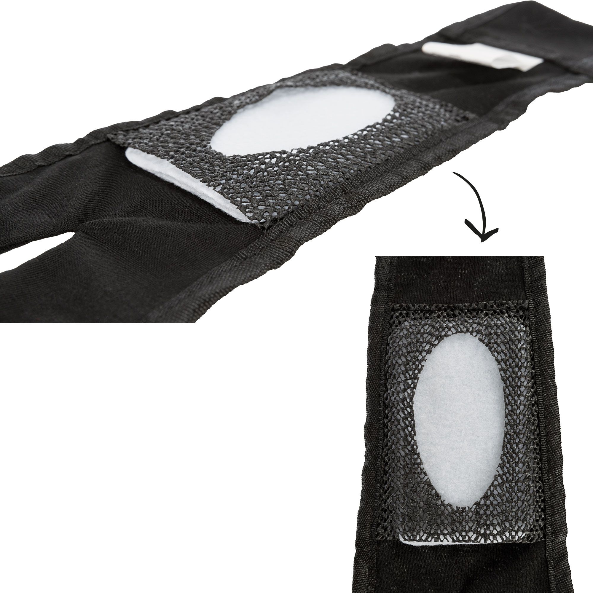 Schwarzes Schutzhöschen mit weißem Einsatz. Nahaufnahme des Produkts. Der Einsatz ist oval.