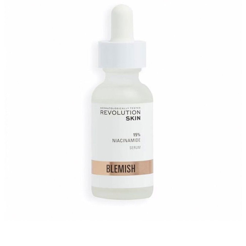 Weiße Flasche mit Serum und Pipette. Aufschrift: Revolution Skin, 15% Niacinamide Serum, Blemish.