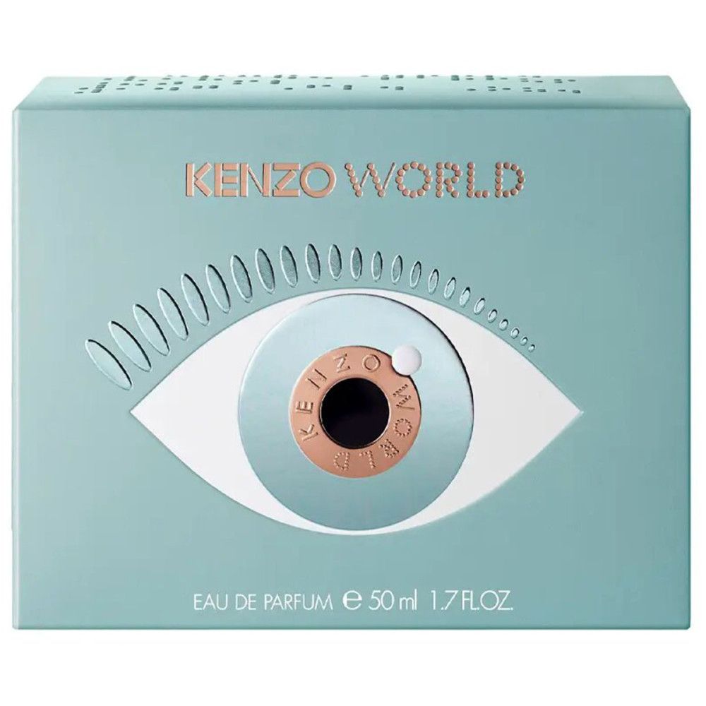 Hellblaue Schachtel mit KENZO WORLD-Logo und Augendesign. Aufschrift: Eau de Parfum, 50 ml, 1.7 FL.OZ.