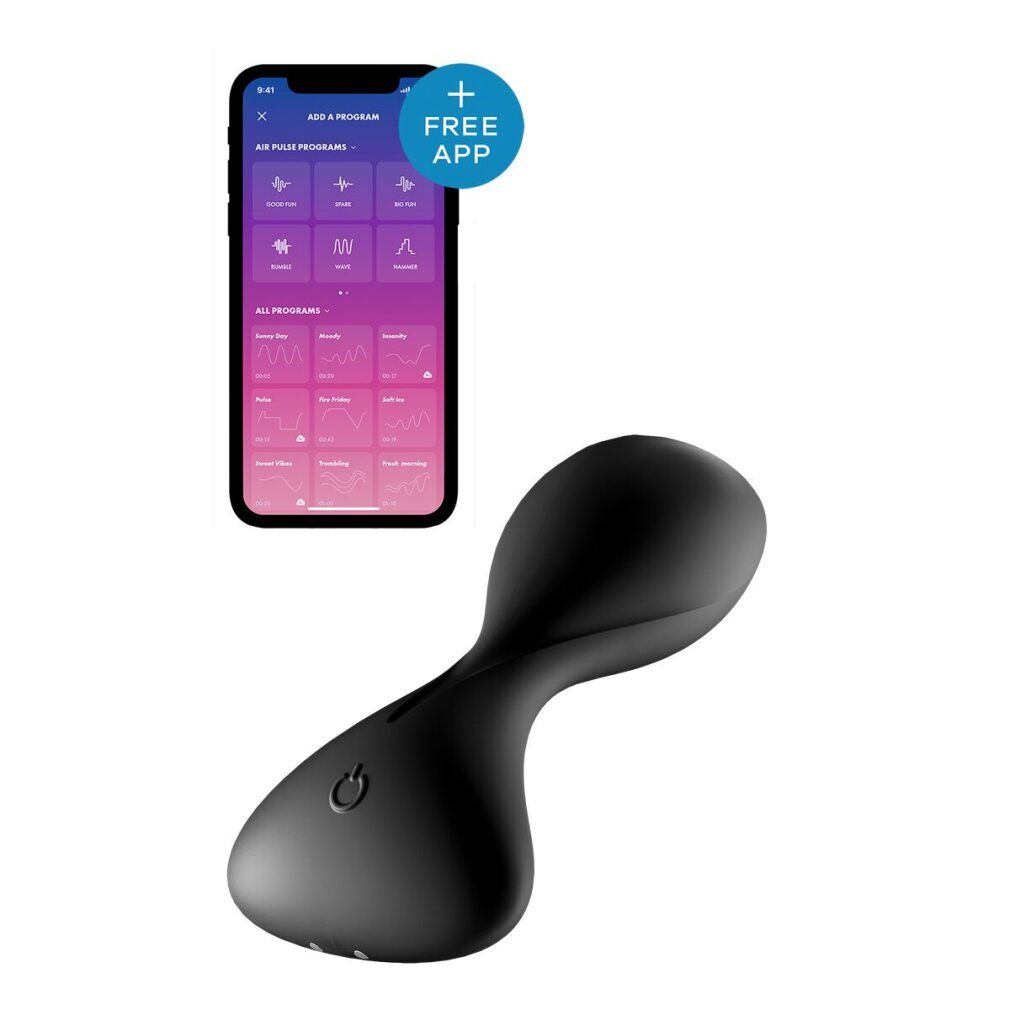 Schwarzer Analvibrator und Smartphone mit App-Oberfläche. Vibrator mit Power-Taste. App zeigt verschiedene Programme.