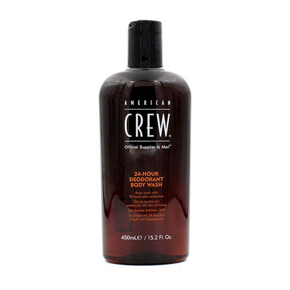 Braune Flasche mit schwarzem Deckel. Aufschrift: AMERICAN CREW, 24-HOUR DEODORANT BODY WASH. Produktabbildung.