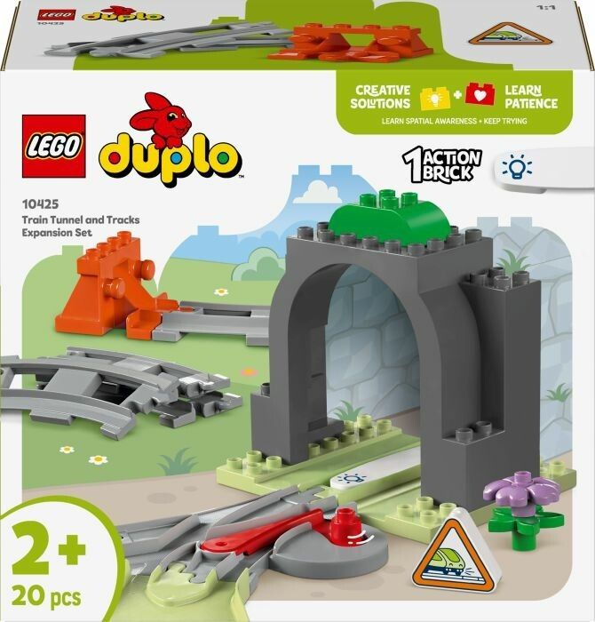 LEGO Duplo-Erweiterungsset mit Tunnel, Gleisen und Zubehör. Enthält 20 Teile. Verpackung mit Produktabbildung.