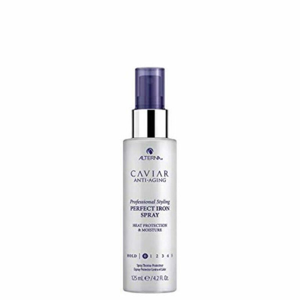 Silberne Sprühflasche mit lila Deckel. Beschriftung: Alterna Caviar Anti-Aging, Perfect Iron Spray. Hitzeschutz & Feuchtigkeit. 125ml.