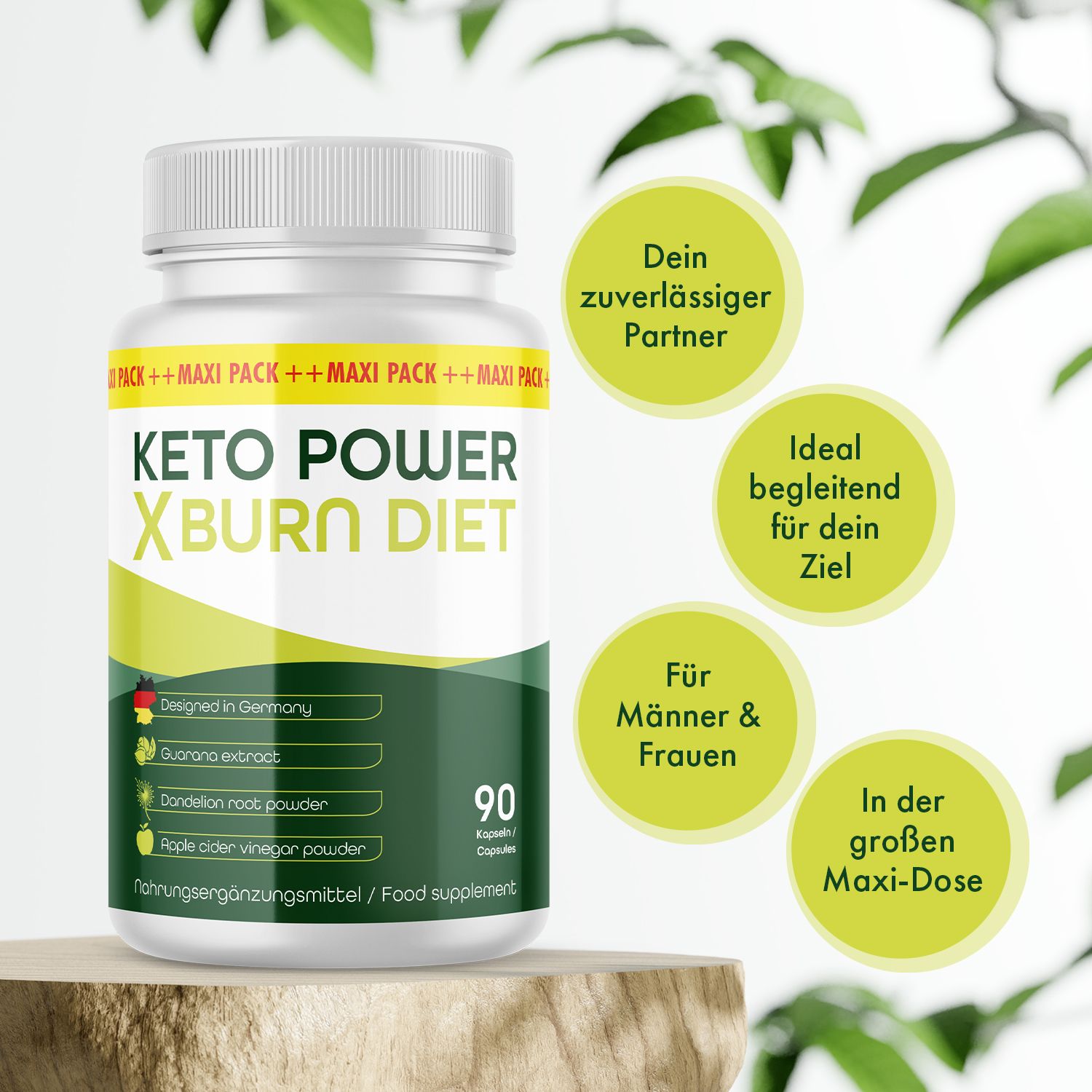 Weiße Flasche mit Kapseln. Aufschrift: Keto Power X Burn Diet. 90 Kapseln. Auf Holzsockel. Text: Dein zuverlässiger Partner, ideal für dein Ziel.