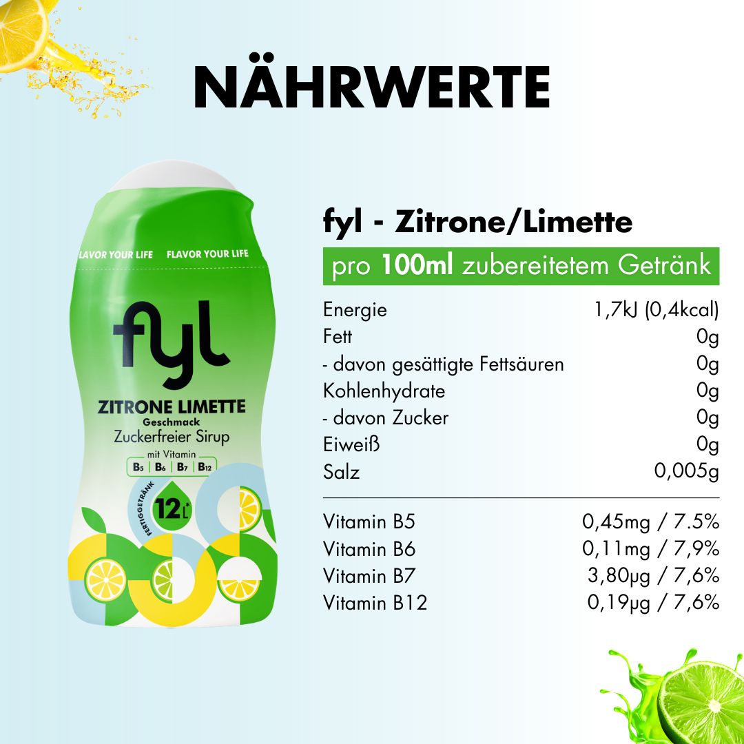 fyl Zitrone Limette Sirup, Nährwerttabelle pro 100ml: Energie, Fett, Kohlenhydrate, Eiweiß, Salz, Vitamine B5, B6, B7, B12.