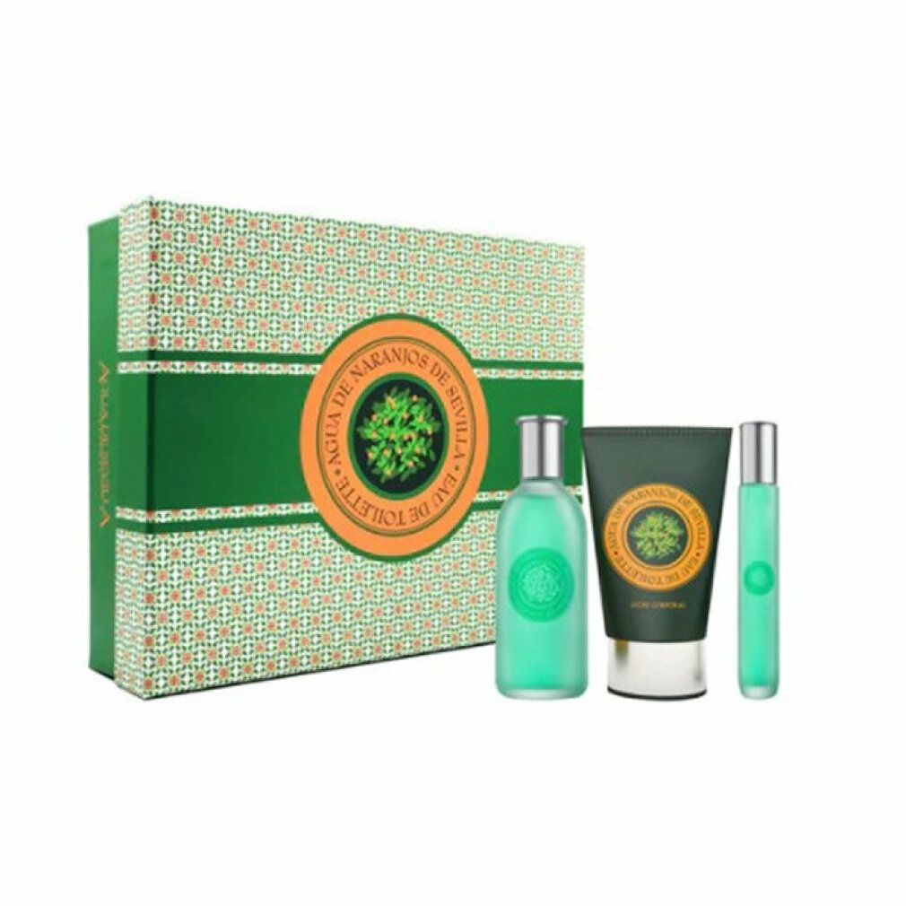 Geschenkset mit grüner Schachtel, Flakon, Tube und Zerstäuber. Orangefarbenes Logo auf der Schachtel und den Produkten.