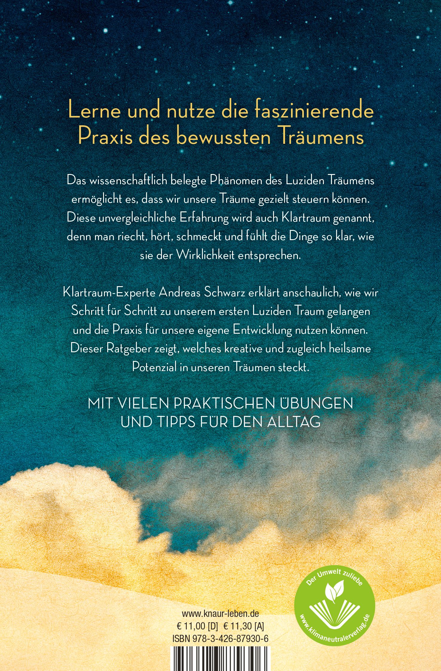 Buchrückseite "Luzides Träumen". Text, Logo, Preis, ISBN, Umweltzeichen. Verlag Knaur.