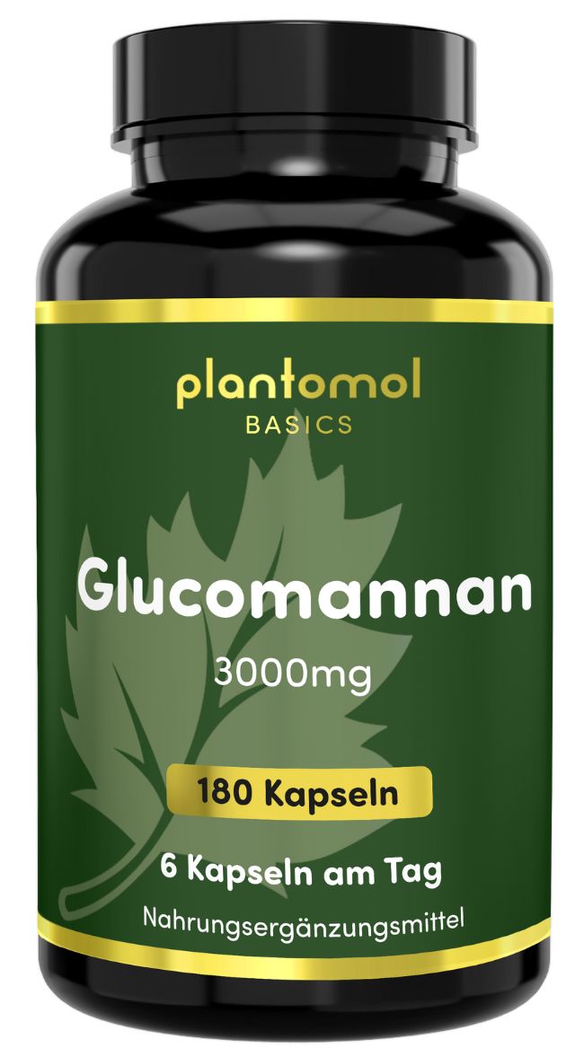Braune Flasche mit grünem Etikett. Aufschrift: plantomol Basics, Glucomannan 3000mg, 180 Kapseln. Nahrungsergänzungsmittel.