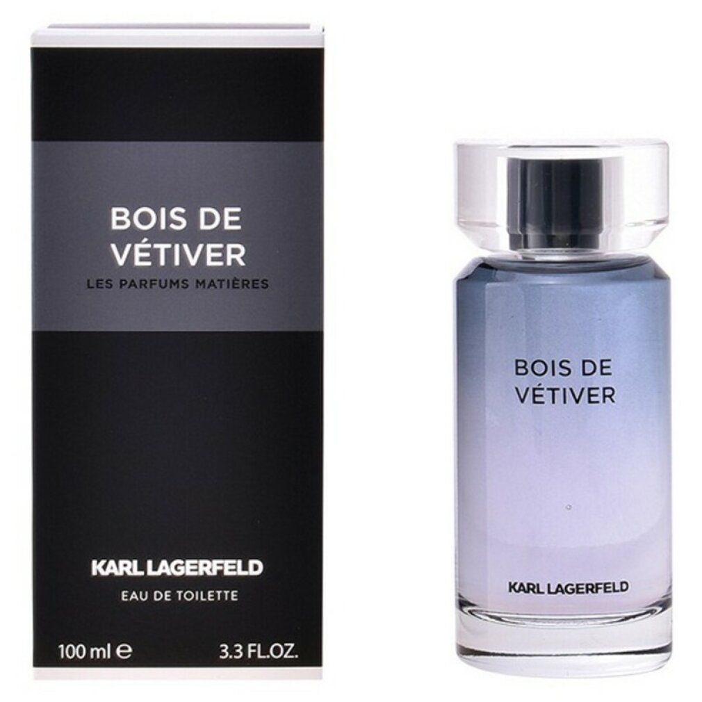 Flakon und Verpackung von Karl Lagerfeld Bois de Vétiver. Flakon mit blau-lila Farbverlauf. Schwarze Verpackung mit Logo.