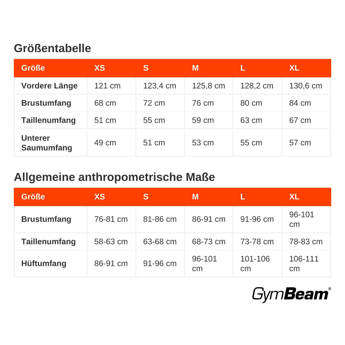 Größentabelle für Damen-Jumpsuits mit Maßen in cm für Länge, Brust-, Taillen- und Saumumfang.