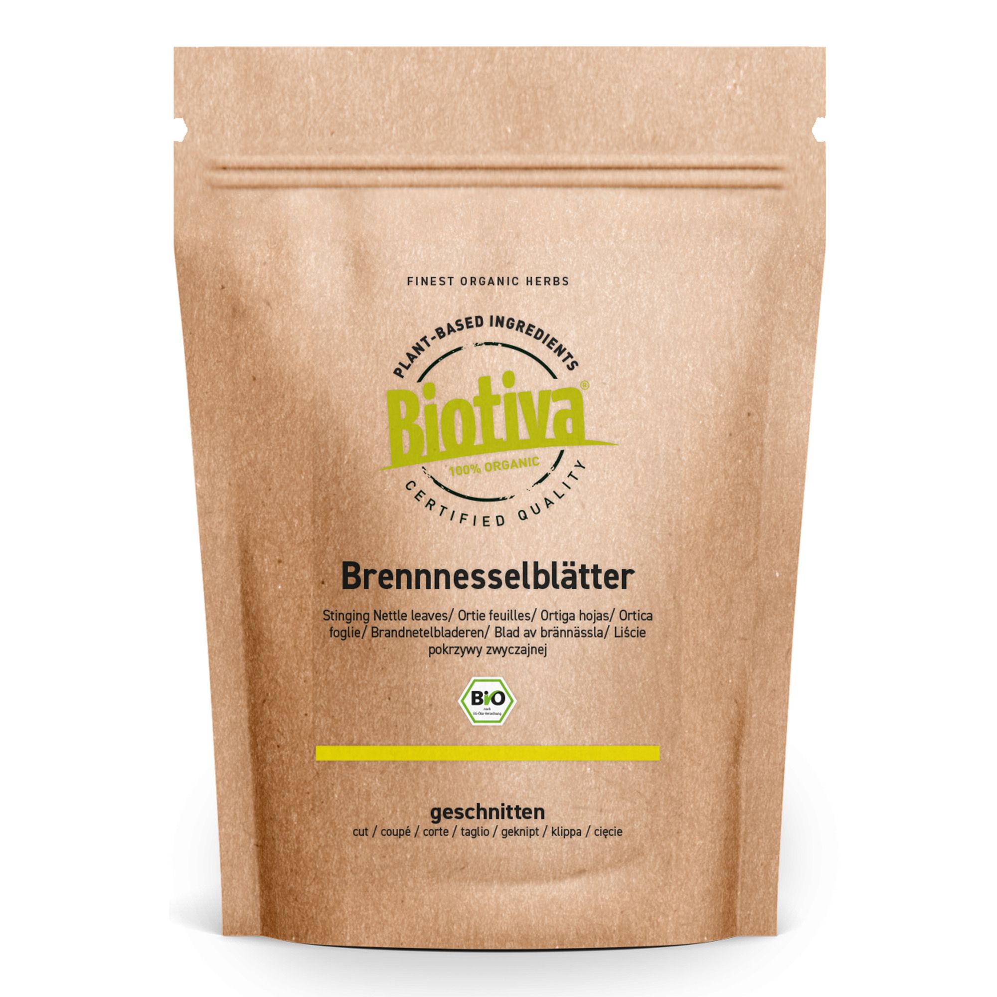 Biotiva Brennnesselblätter Tee in brauner Verpackung. Aufschrift: geschnitten, Bio-Zertifizierung.